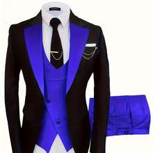 Formal 3 Pieces Set, Men's One Button Jacket & Slanted Lapel Vest & Pants Suit Set For Business Dinner Wedding Party -  For Men - Suitable For Formal Occasions - Perfect Gift For Business Professionals - 寶藍色 - 查看 1