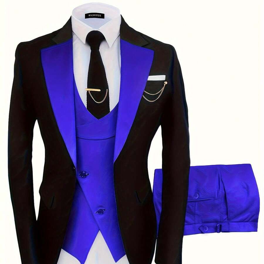 Formal 3 Pieces Set, Men's One Button Jacket & Slanted Lapel Vest & Pants Suit Set For Business Dinner Wedding Party - For Men - Suitable For Formal Occasions - Perfect Gift For Business Professionals - 寶藍色 - 查看 1