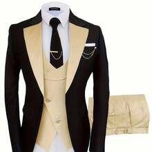 Formal 3 Pieces Set, Men's One Button Jacket & Slanted Lapel Vest & Pants Suit Set For Business Dinner Wedding Party -  For Men - Suitable For Formal Occasions - Perfect Gift For Business Professionals - 淺金色 - 查看 1