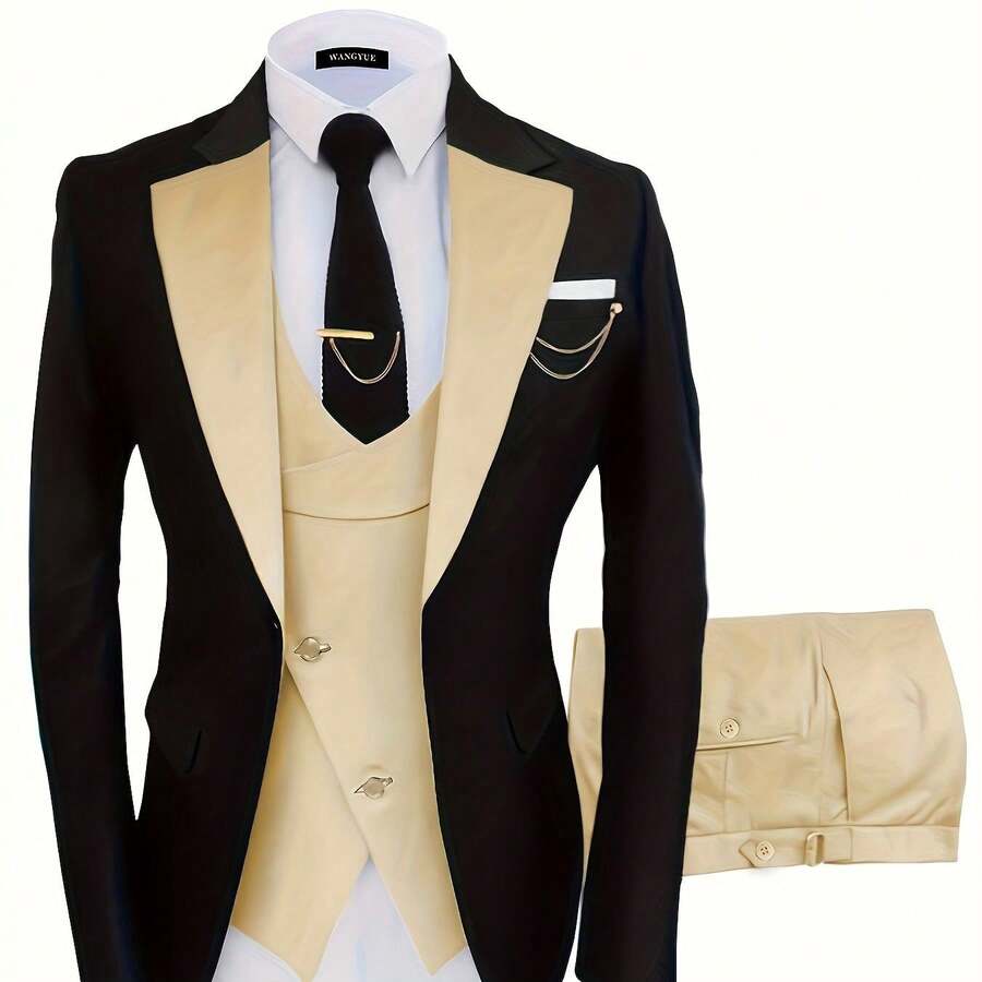 Formal 3 Pieces Set, Men's One Button Jacket & Slanted Lapel Vest & Pants Suit Set For Business Dinner Wedding Party - For Men - Suitable For Formal Occasions - Perfect Gift For Business Professionals - 淺金色 - 查看 1
