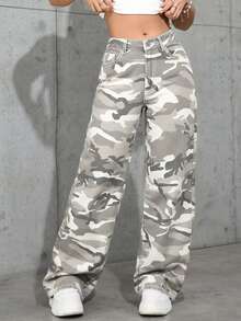 Tall Women's Casual Straight-Leg Jeans With Pocket Details, Extended Length Camouflage Print, Non-Stretch Fabric, Suitable For Everyday Wear. - Camouflage - View 2