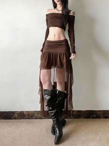 Chân váy mini ôm sát, mỏng nhẹ, nhiều lớp bằng vải lưới xuyên thấu của Top Dazzle, màu đen trơn. - Cà phê nâu - Xem 2