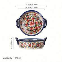 1pc Hand-Painted Ceramic Bowl, Colorful Baking Bowl With Handle, Salad, Baking, Casserole, Round Baking Dish, Baking Set, Cooking Pot, Cake, Dinner, Kitchen, Handmade Exotic Daisy, Oven- Bowl - Multicolor - View 13