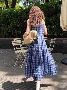 宽松格纹吊带连衣裙，夏季少女格纹长裙，修身显瘦 - 藏蓝色 - 查看 5