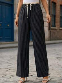 1pc Women's Striped Drawstring Wide Leg Pants, Suitable For Business, Casual, Travel, Fashion Outfit, Striped Knotted Pocket Drawstring Wide Leg Pants, Daily, Airport, Travel, School, Office, All Season - Grey - View 7