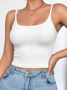 女士休闲舒适吊带背心，无袖罗纹短款背心，带衬垫，修身百搭打底衫，白色露背 - 白色 - 查看 4