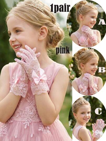 1 Pair Ultra Stretch Lace Gloves For Girl & Girls, Ages 4-12, Pink Series - Suitable For Wedding, Pageant, Flower Girl, Dance Performance & Birthday Princess Photo Props