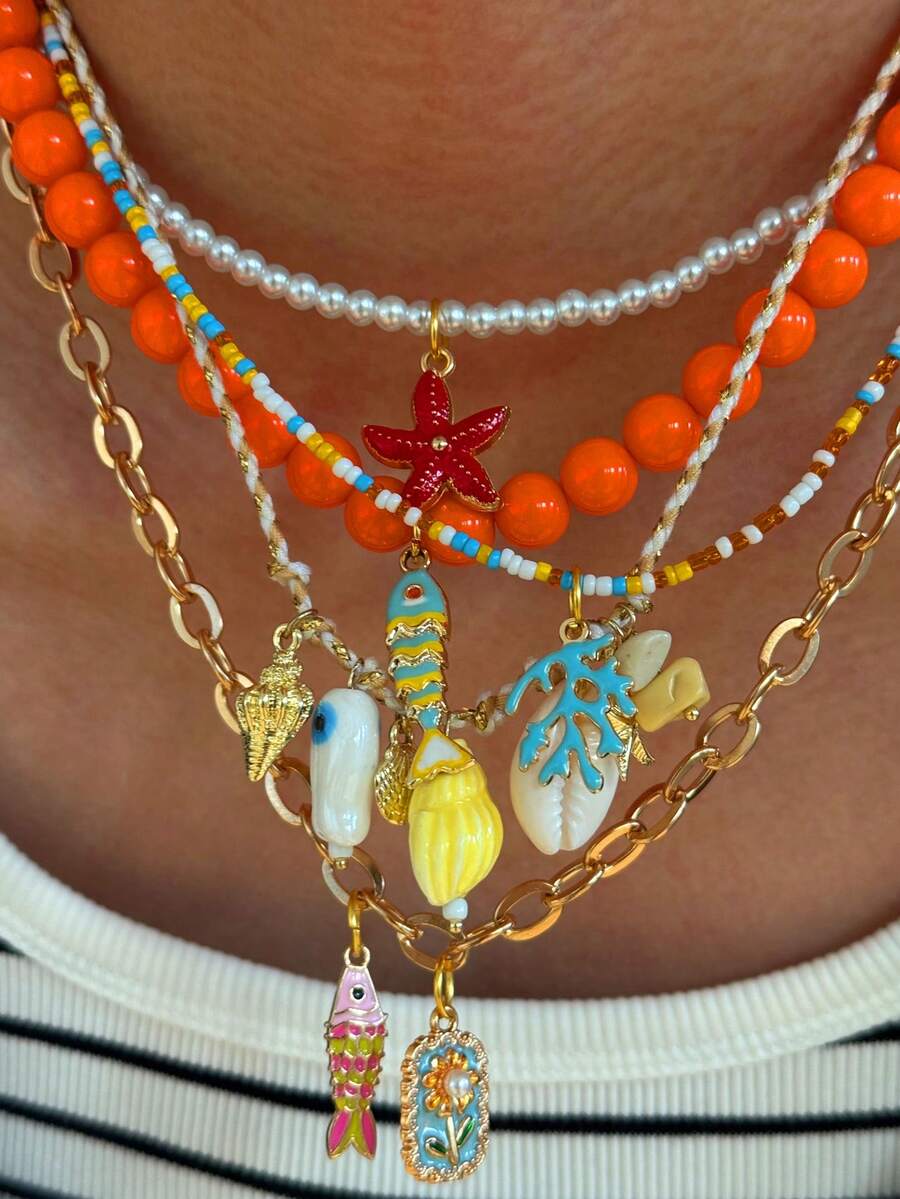 Set de 2 collares bohemios únicos y elegantes, versátiles, con cuentas, conchas, delfines, conchas marinas y elementos oceánicos, collar gargantilla de moda para atuendo de playa de verano - Multicolor - Ver 1