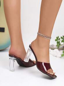 女士方头水晶镂空高跟穆勒鞋 - 酒紅色 - 查看 4