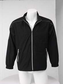 Chaqueta exterior para hombres, chaqueta casual con cremallera y rayas reflectantes para primavera/otoño para uso al aire uso diario - Negro - Ver 7