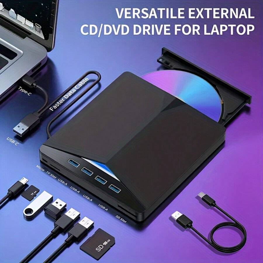 7-In-1 Multifunctional USB-C Portable CD/DVD +/ External Player/Reader/Writer, DVD Burner, USB 3.0 Hub - Compatible With Laptops, Desktops, All-In-One Computers - màu đen - Xem 1
