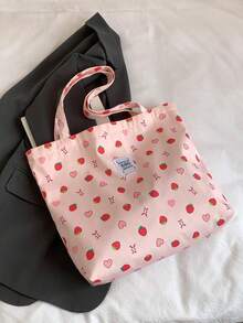 樱桃印花简约大号单肩手提包，学生女生单肩书包，爱心印花甜美包包，灯芯绒手提包，四季皆宜 - 粉色 - 查看 10