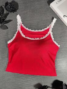 Casual Sports Women's Sleeveless Tank Top, Elastic Knit Camisole With Chest Pads, Ruffle Hem Sexy Cropped Vest, Minimalist Sexy Design Crop Top - Red - View 7