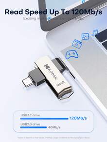 Kodak 100% 原装柯达 K273C 双卡口 USB 闪存盘 64GB/128GB 高速 USB3.2 闪存盘 金属 OTG 闪存盘 - 彩色 - 查看 3