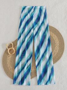 女士波西米亚风性感长款沙滩裤，高弹半透明面料，抽象图案，是夏季海滩度假的完美之选 - 彩色 - 查看 2