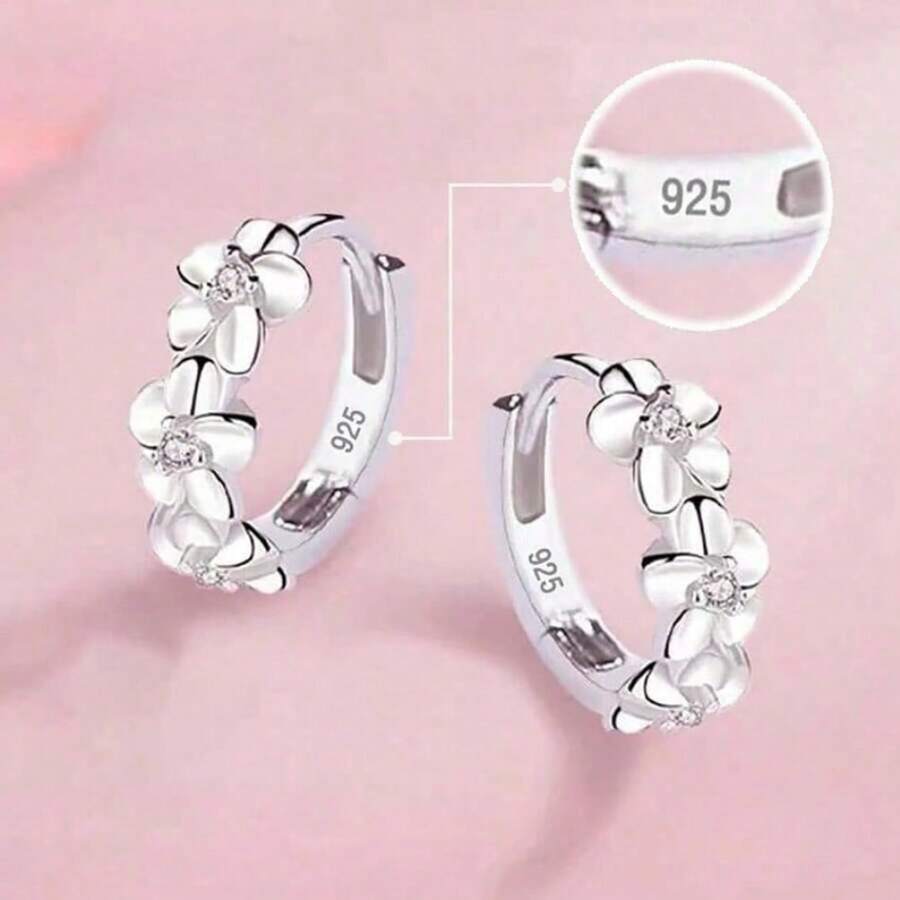 925 Sterling Silver Plated Small Rose Flower Round Hoop Earring AAA Zirconia For Women Female Charm Engagement Wedding Jewelry VCKB - 銀色 - 查看 1