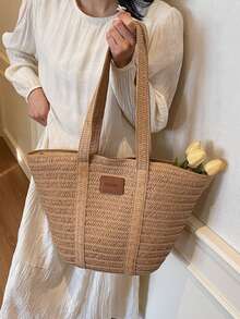 新款时尚草编水桶包，大容量编织单肩手提包，休闲度假手提包 - 卡其色 - 查看 5