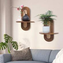 1pc Floating Shelves For Wall, Boho Rattan Shelf, Unique Small Decorative Shelf Wall-Mounted, Nature Wood Shelves For Living Room, Bedroom, Nursey Room - 棕色 - 查看 1
