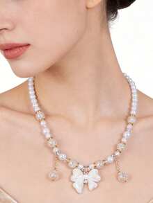 2pcs/Set Minimalist White Pearl Bow Charm Beaded Necklace And Bracelet Jewelry Set, Gift For Girls Birthday - Multicolor - View 3