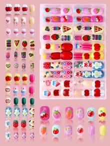 NAIO 120片装（5种款式）儿童小号按压式假指甲，亚克力材质，全覆盖，彩虹爱心可爱卡通亮面按压式假指甲套装，短款椭圆形假指甲套装，按压式美甲装饰礼品，附赠3卷胶带和3把指甲锉等美甲用品。 - 彩色 - 查看 22