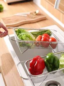 1pc Stainless Steel Fruit & Vegetable Washing Basket, Large Size Adjustable Collapsible Drain Basket, Kitchen Essential, Size: 34cm*24cm - Multicolor - View 2