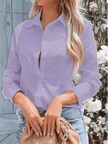 Áo sơ mi dài tay nữ màu trơn cài cúc phía trước, kiểu dáng thường ngày, thích hợp cho mùa xuân. - Màu Lilac Tím - Xem 3