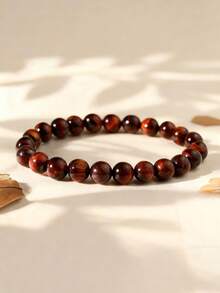 1pc Red Tiger's Eye Stretch Bracelet, Natural 8mm Gemstone Beaded Bracelet, Grounding & Confidence, Healing Crystal Energy Jewelry For Women Men, Gift For Her, Gift For Him - Burgundy - View 6