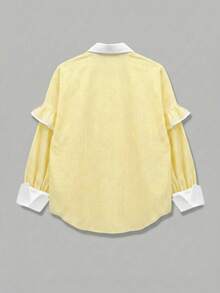 Nueva Camisa Casual de Manga Larga a Media Altura con Patchwork, Color Contrastante, Botones, Volantes y Rayas, Elegante y de Moda, Amarillo - Amarillo - Ver 7
