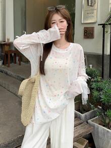 女士星形印花长袖T恤，宽松蝴蝶结设计，春夏返校季新款 - 白色 - 查看 5