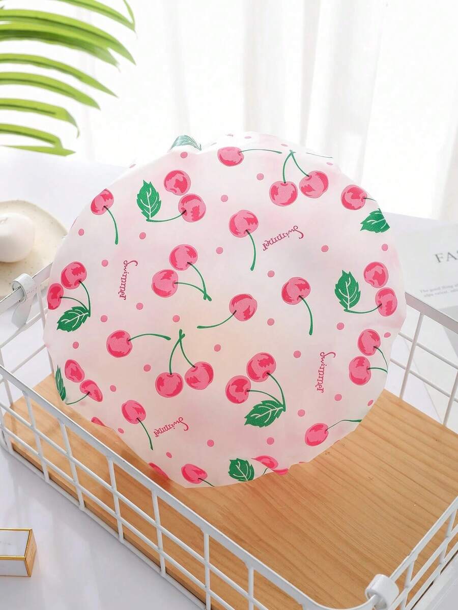 3pcs/Set Reusable Waterproof Shower Cap, Bathing Cap, Hair Washing Cap, Cherry Print Shower Cap, Waterproof Bathing Cap, Elastic Hair Cover, Bathroom Decor, Suitable For Valentine's Day, New Year, Spring Vacation, Home SPA, Travel - Multicolor - View 1