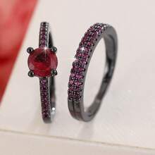 女士两件套铜戒指，优雅复古新娘叠戴戒指，镶嵌闪亮锆石，日常/婚礼首饰，情人节礼物 - 婚禮對戒10 - 查看 4