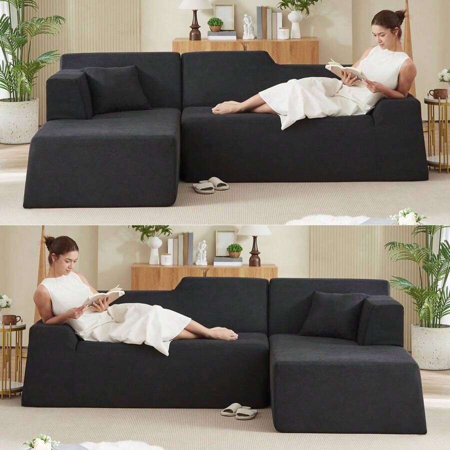 YOGLAD Modern Minimalist L-Shaped Corduroy Sectional Sofa, Cream Wide Striped Upholstered Couch, Plush Deep Seat Sofa With High Back Support, Contemporary Corner Sofa For Living Room Apartment Home - màu đen - Xem 1