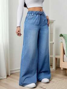 Jeans de pierna recta para mujer talla grande, cintura elástica, diseño con cordón, con bolsillos, largo completo, elasticidad media, casual para primavera y otoño - Lavado ligero - Ver 2