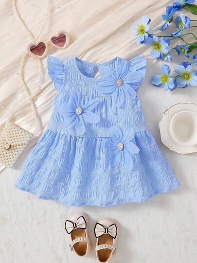 Baby Girls' Cute Solid Color Round Neck Sleeveless 3 Pearl Flower Decor A-Line Back Button Half-Open Collar Dress, Fashion Versatile Infant Girls Clothing For Spring/Summer, Suitable For Daily, Party, Outing