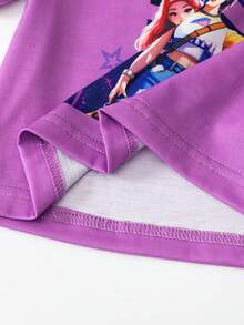 少女休闲简约可爱卡通韩流印花短袖圆领T恤和印花喇叭裤套装，紫色 - 彩色 - 查看 9