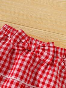 3pcs Baby Girl Casual Daily Fashion Sweet Cute White Knitted Vertical Stripe Sleeveless Round Neck Cherry Embroidery Cardigan Top, Red Plaid Double Layer Cake Skort, And Bow Headband Set, Summer - Red - View 8