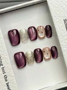 10pcs Handmade Nails Oval Square Nails Acrylic Press On Nails Short Medium, Minimalism Purple Nails, Flashy Cateye, Glitter Powder Handpainted Polka Dots Pattern, Simple Elegant Luxury Handcrafted Nails Autumn Nails, Fall Press On Nails, Cute Aesthetic, Versatile Nails DIY False Nail Art Party Daily & Dating Use Beach Tropical Getaway Suitable Reusable, For Women & Girls As Gift Nail Supplies(Random Delivery) - 隨機 - 查看 9