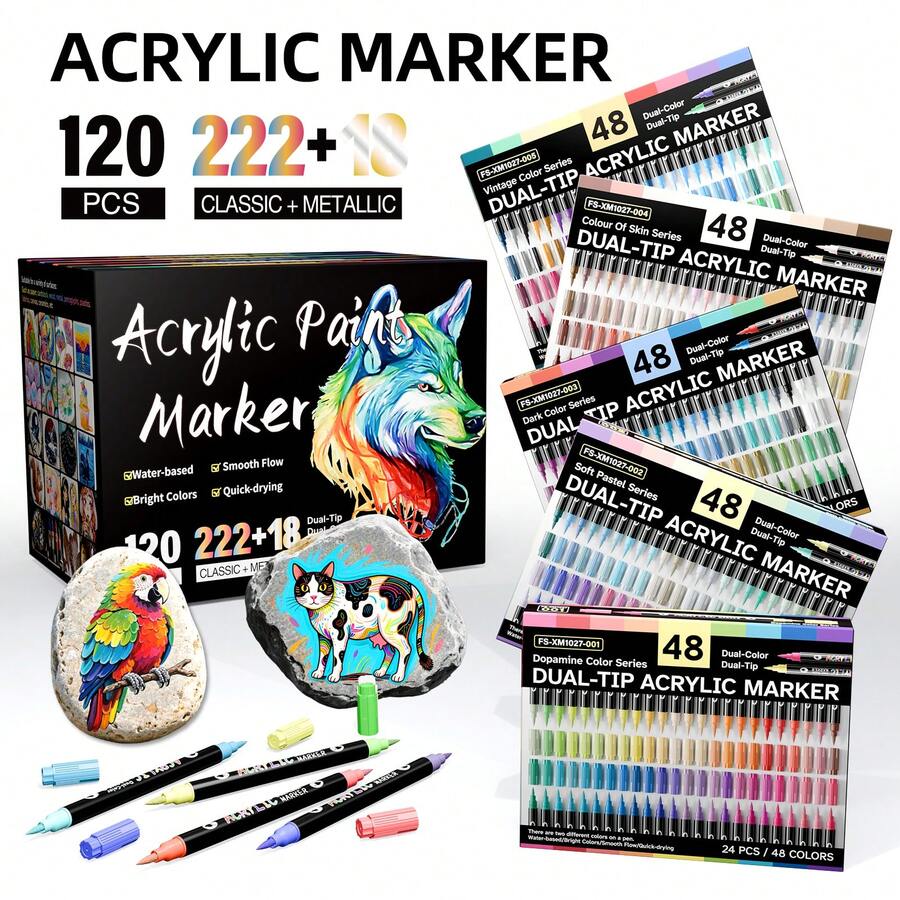Conjunto de 240 Cores de Canetas Marcadoras Acrílicas de Ponta Dupla, Resistente à Desbotamento, Adequado para Artistas, Pintura, Ilustração, Artesanato, Livros de Colorir, Projetos DIY em Papel, Tecido, Madeira, Pedra, Plástico, Vidro, Cerâmica, Abóbora, para Estudantes e Adultos, Ótimo Presente para Ação de Graças, Halloween, Natal - Multicolorido - Visão 1