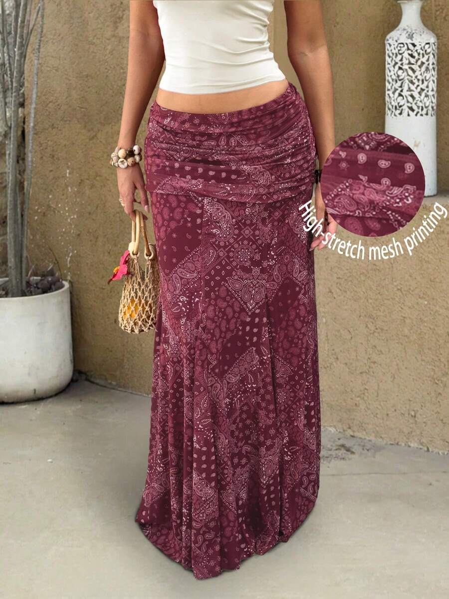 Women's Paisley Print Ruched Mesh Maxi Skirt, Stretchy High Waist Flowy ...
