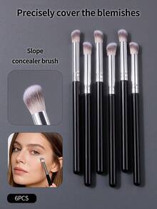 6支粉色底妆遮瑕刷套装 - 黑眼圈遮瑕刷、泪沟遮瑕刷、鼻部轮廓刷、柔软毛精准晕染刷、多功能化妆刷 - 黑色 - 查看 3