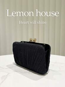 1 pièce Sac de soirée boîte plissé noir scintillant avec sangle en métal. Sac à main élégant de mode, convient pour les occasions formelles, les fêtes, les mariages. Cadeau idéal pour les femmes. - Noir - Voir 7