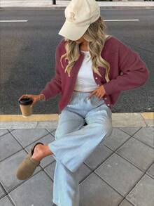 Elegant fransk romantisk, avslappnad lös stickad kofta för kvinnor, minimalistisk och elegant för höst/vinter - Bourgogne - Visa 3