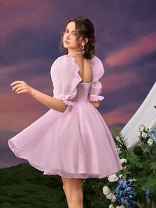 优雅甜美派对纯色花瓣袖连衣裙 粉色夏季 - 粉色 - 查看 3