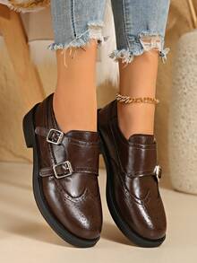 Women's New Fashion Thick Heel Loafers, French Mary Jane Shoes, Metal Buckle Shoes, Retro Round Toe Loafers, New College Style Business Formal Flat Shoes, Spring Autumn Fashion Metal Buckle Slip-On Shoes, Shoes, Black Versatile Slip-On Shoes - Brown - View 4