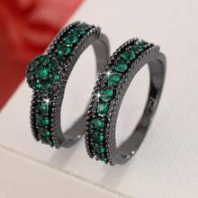 女士两件套铜戒指，优雅复古新娘叠戴戒指，镶嵌闪亮锆石，日常/婚礼首饰，情人节礼物 - 婚禮對戒1 - 查看 37