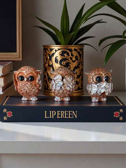 三件套红色猫头鹰摆件 - 现代家居装饰摆件，适用于书架、桌面和办公室