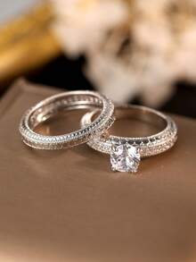 两件套优雅立方氧化锆戒指套装，女士奢华珠宝，适合婚礼、派对、宴会等场合，铜质材料，不褪色且低致敏性，是理想的礼物之选。 - 銀色 - 查看 5