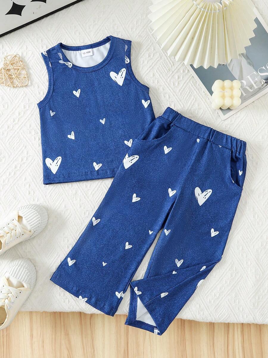 Bộ đồ đôi cho bé gái gồm áo khoác denim in hình trái tim dễ thương và quần ống rộng, trang phục thường ngày mùa hè năng động. - Màu xanh lam - Xem 1