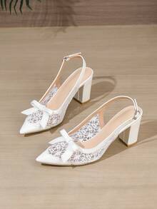 女士白色尖头粗跟工作鞋，后系带露跟鞋，低鞋面春秋季鞋，露跟蝴蝶结网纱装饰，时尚性感百搭纯色约会高跟鞋 - 白色 - 查看 8