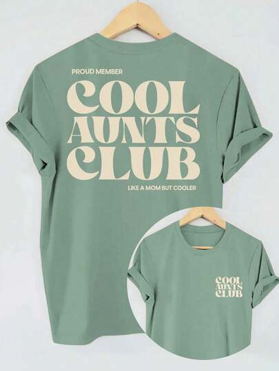 COOL AUNTS CLUB" Letter Graphic Print Casual Round Neck Short Sleeve T-Shirt, Plus Size - Women Casual Round Neck Short Sleeve Tee